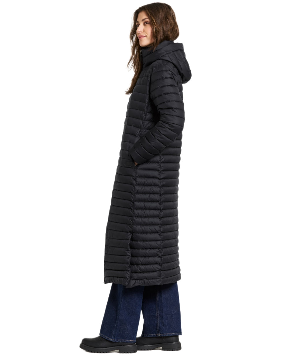 Black coloured Didriksons Womens Lykke Long Parka on white background