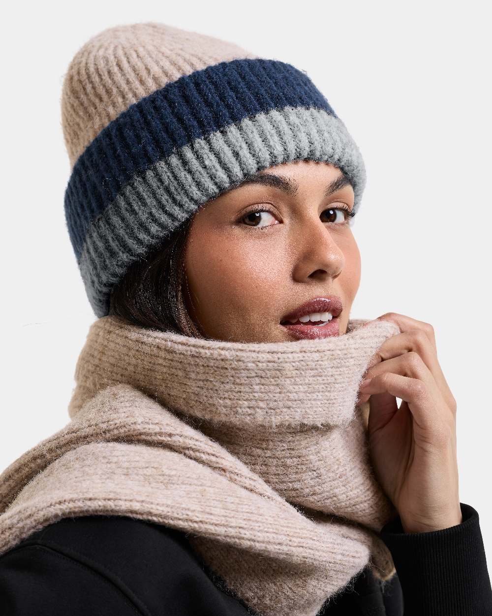 Beige Mel Multicolour coloured Didriksons Womens Malin Striped Beanie on white background