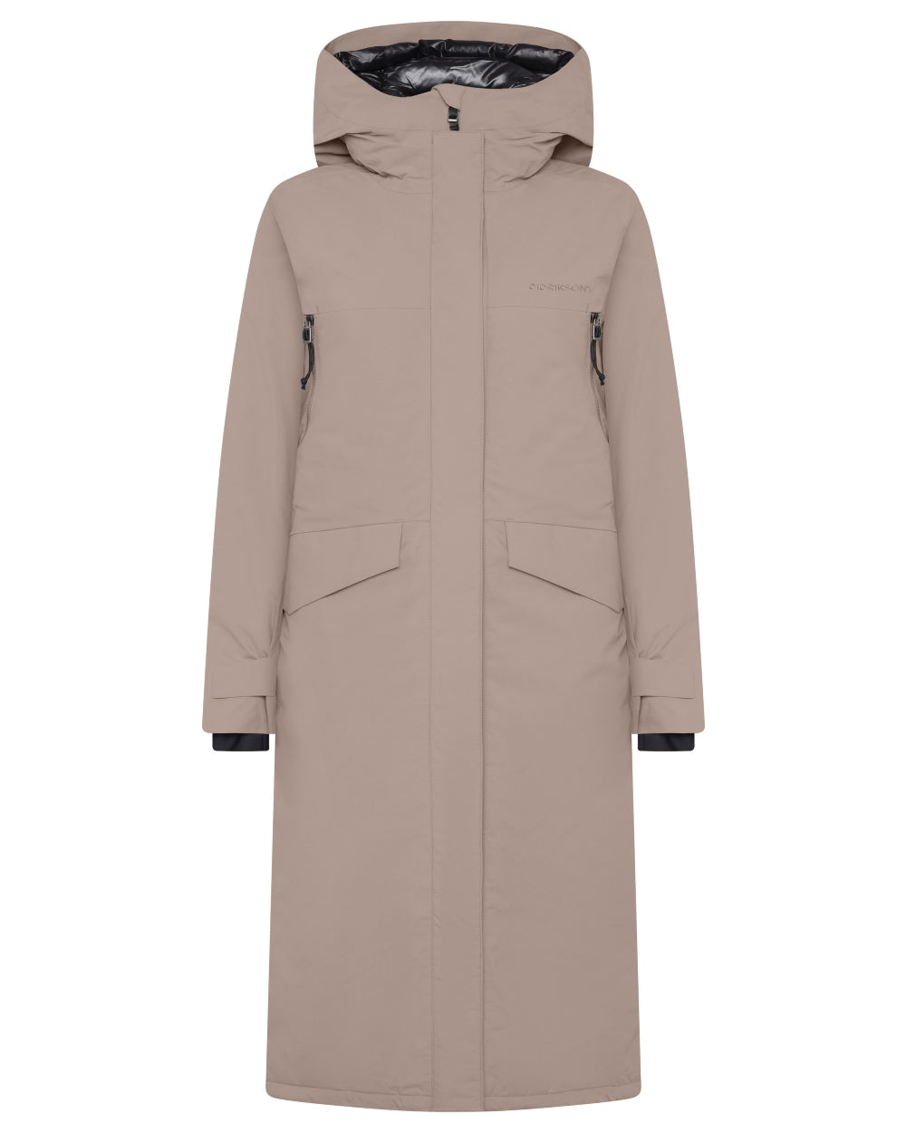 Ash Brown coloured Didriksons Womens Neja Long Parka on white background