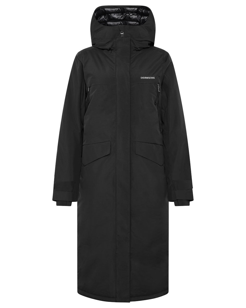 Black coloured Didriksons Womens Neja Long Parka on white background