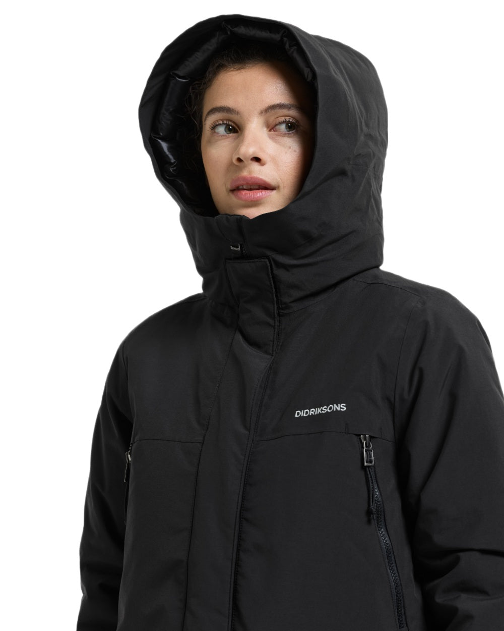 Black coloured Didriksons Womens Neja Long Parka on white background