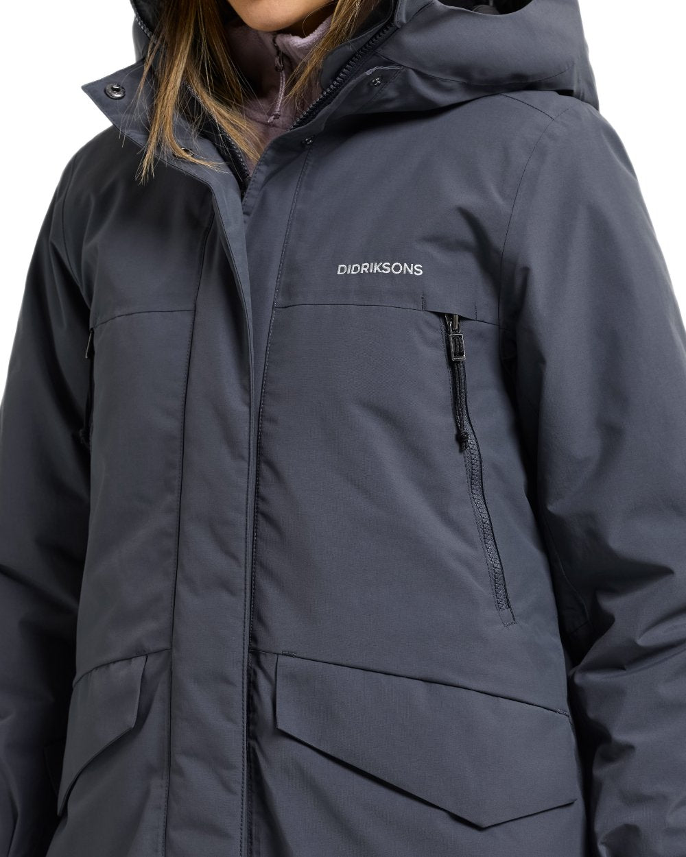 Sleepy Blue coloured Didriksons Womens Neja Long Parka on white background