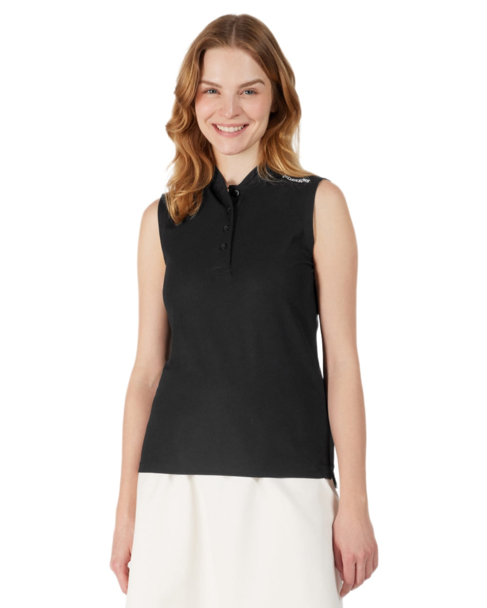 Black coloured Didriksons Womens Nikki Sleeveless Polo T-Shirt on white background