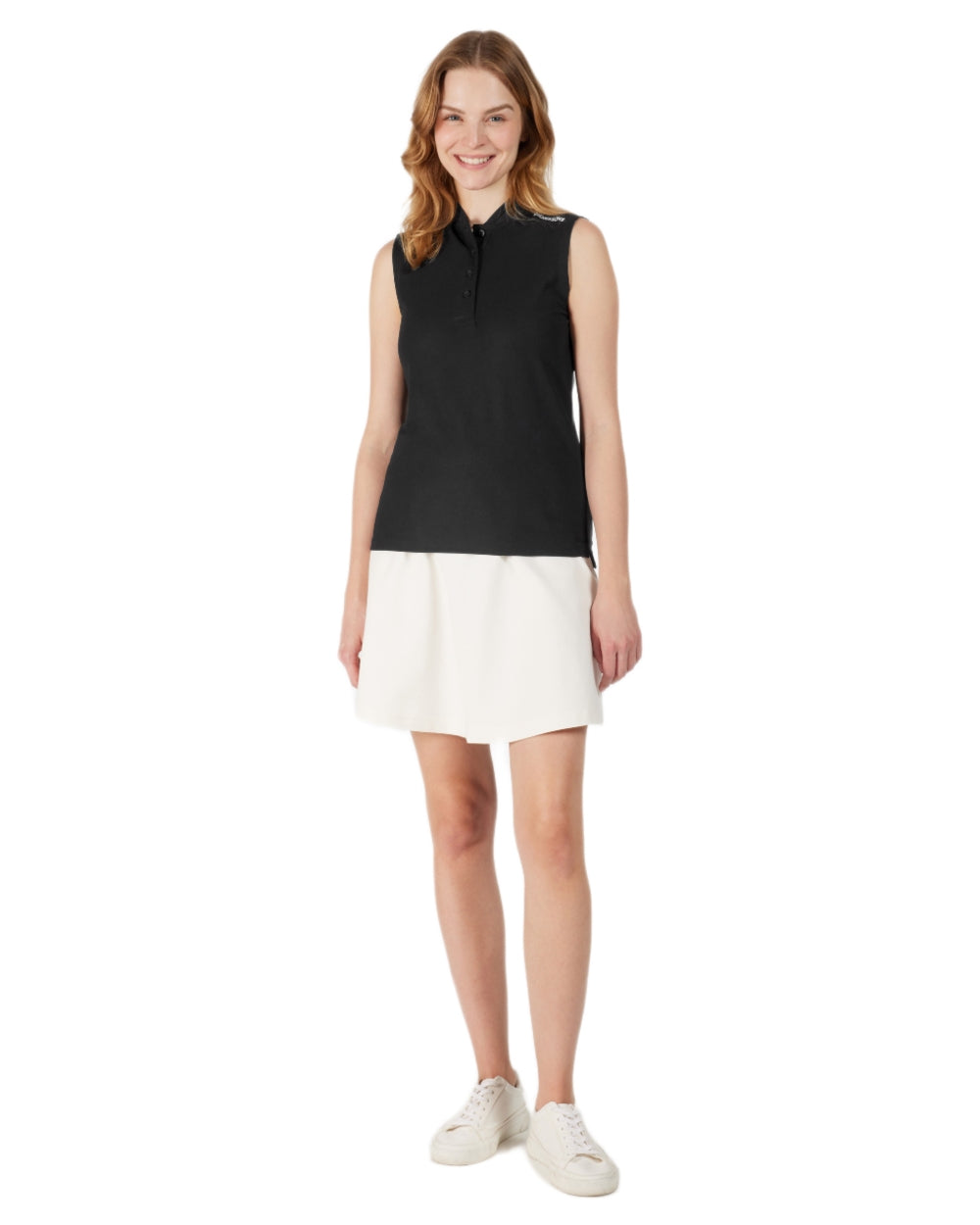 Black coloured Didriksons Womens Nikki Sleeveless Polo T-Shirt on white background