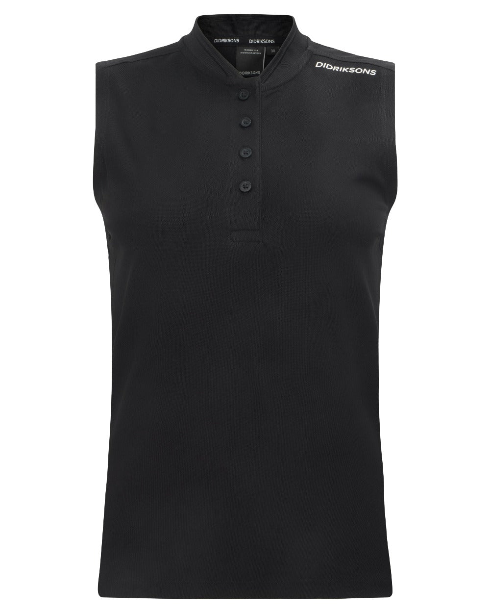 Black coloured Didriksons Womens Nikki Sleeveless Polo T-Shirt on white background
