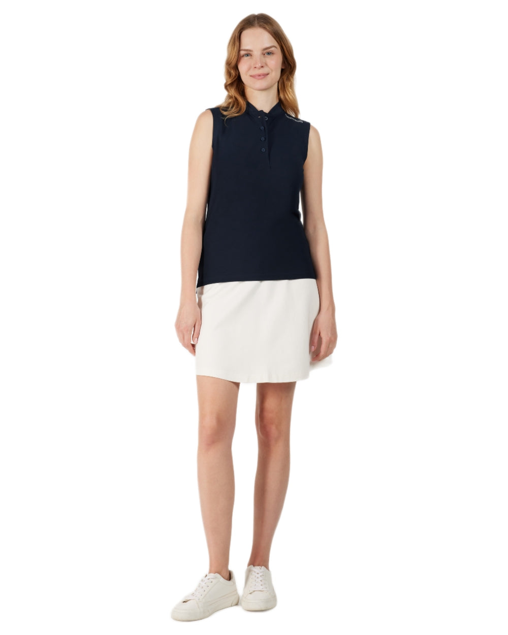 Dark Night Blue coloured Didriksons Womens Nikki Sleeveless Polo T-Shirt on white background