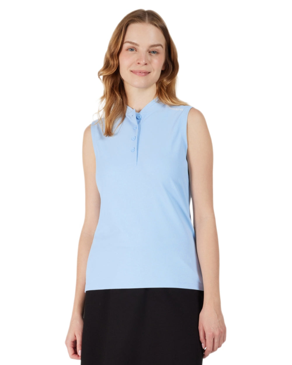 Sea Blue coloured Didriksons Womens Nikki Sleeveless Polo T-Shirt on white background