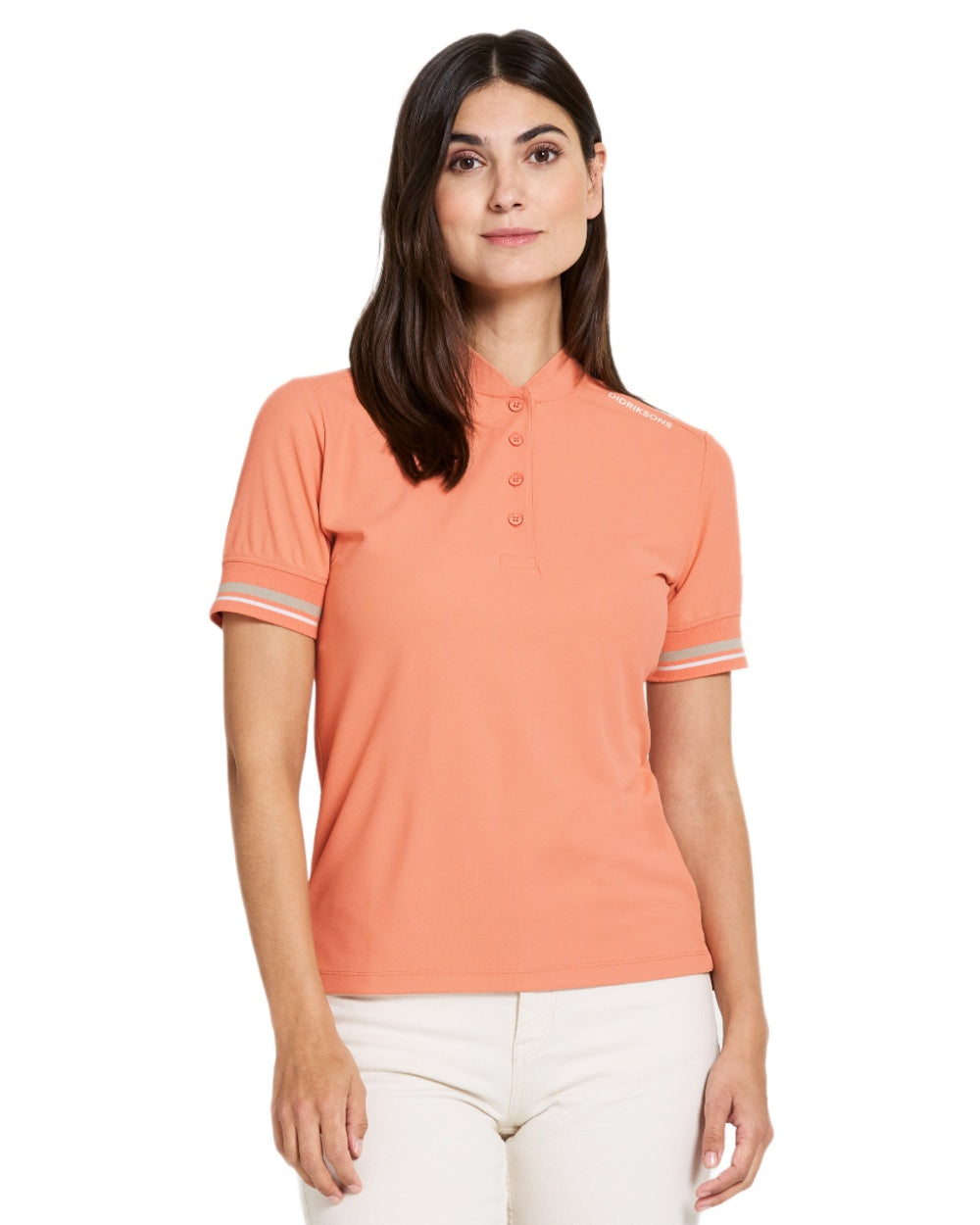 Clay Pink coloured Didriksons Womens Patty Polo T-Shirt on white background