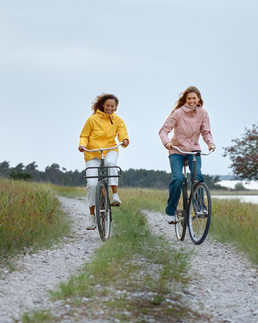 Warm Yellow coloured Didriksons Womens Turvi Jacket 2 on street background