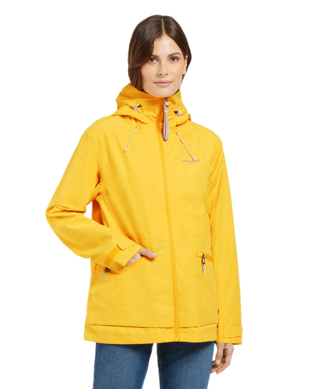 Warm Yellow coloured Didriksons Womens Turvi Jacket 2 on white background