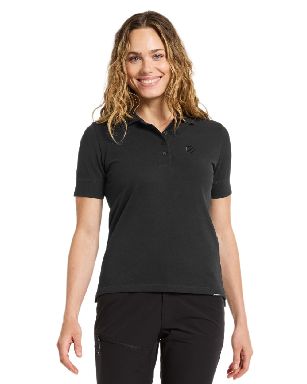 Black coloured Didriksons Womens Wivi Polo T-Shirt on white background