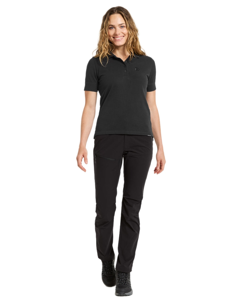 Black coloured Didriksons Womens Wivi Polo T-Shirt on white background