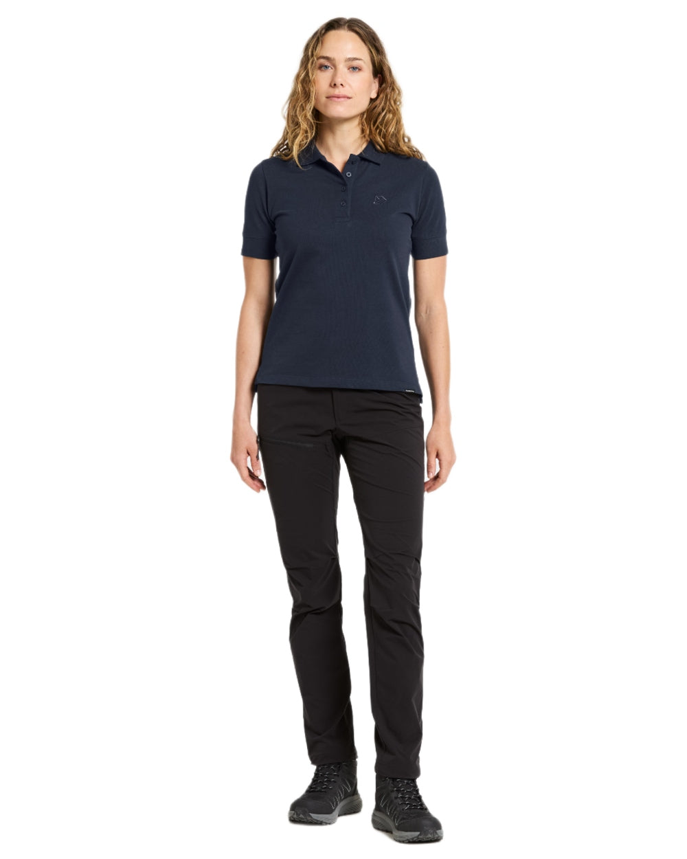 Dark Night Blue coloured Didriksons Womens Wivi Polo T-Shirt on white background