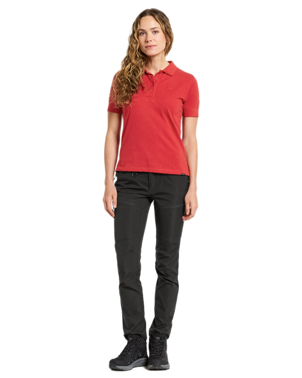 Pomme Red coloured Didriksons Womens Wivi Polo T-Shirt on white background