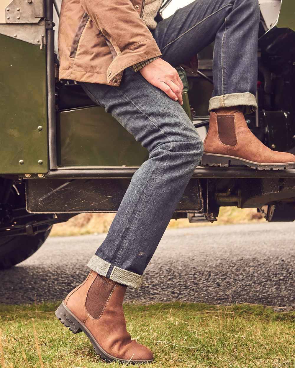 Walnut coloured Dubarry Antrim Country Boots on jeep background