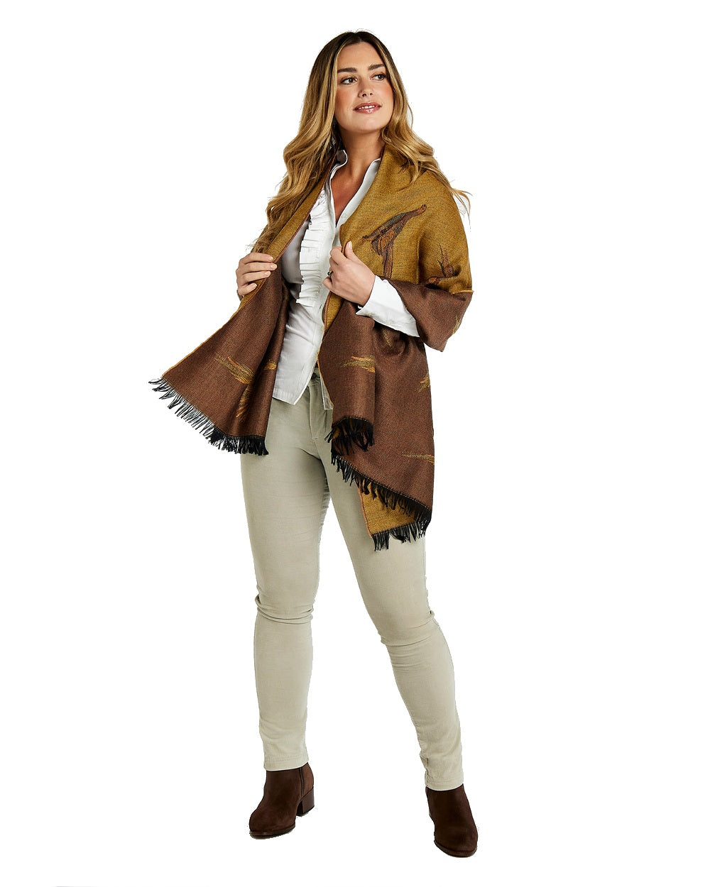 Harvest Gold Coloured Dubarry Birchdale Wool Stole on white background