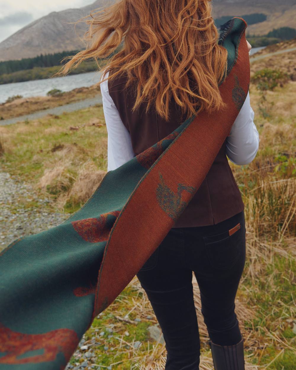 Ivy Coloured Dubarry Birchdale Wool Stole on mountain background