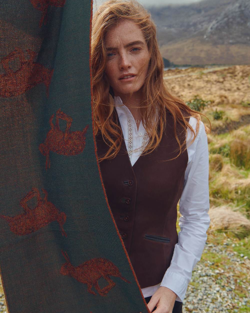 Ivy Coloured Dubarry Birchdale Wool Stole on mountain background