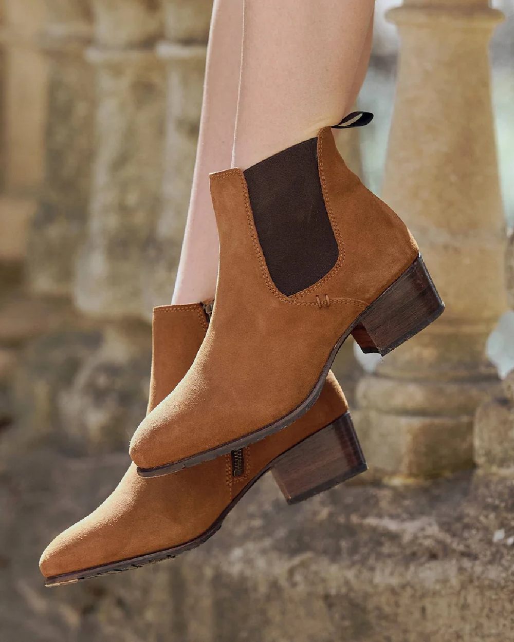 Camel coloured Dubarry Bray Chelsea Boots on rock background
