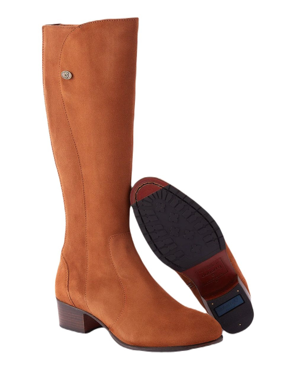 Camel coloured Dubarry Downpatrick Knee High Boots on white background