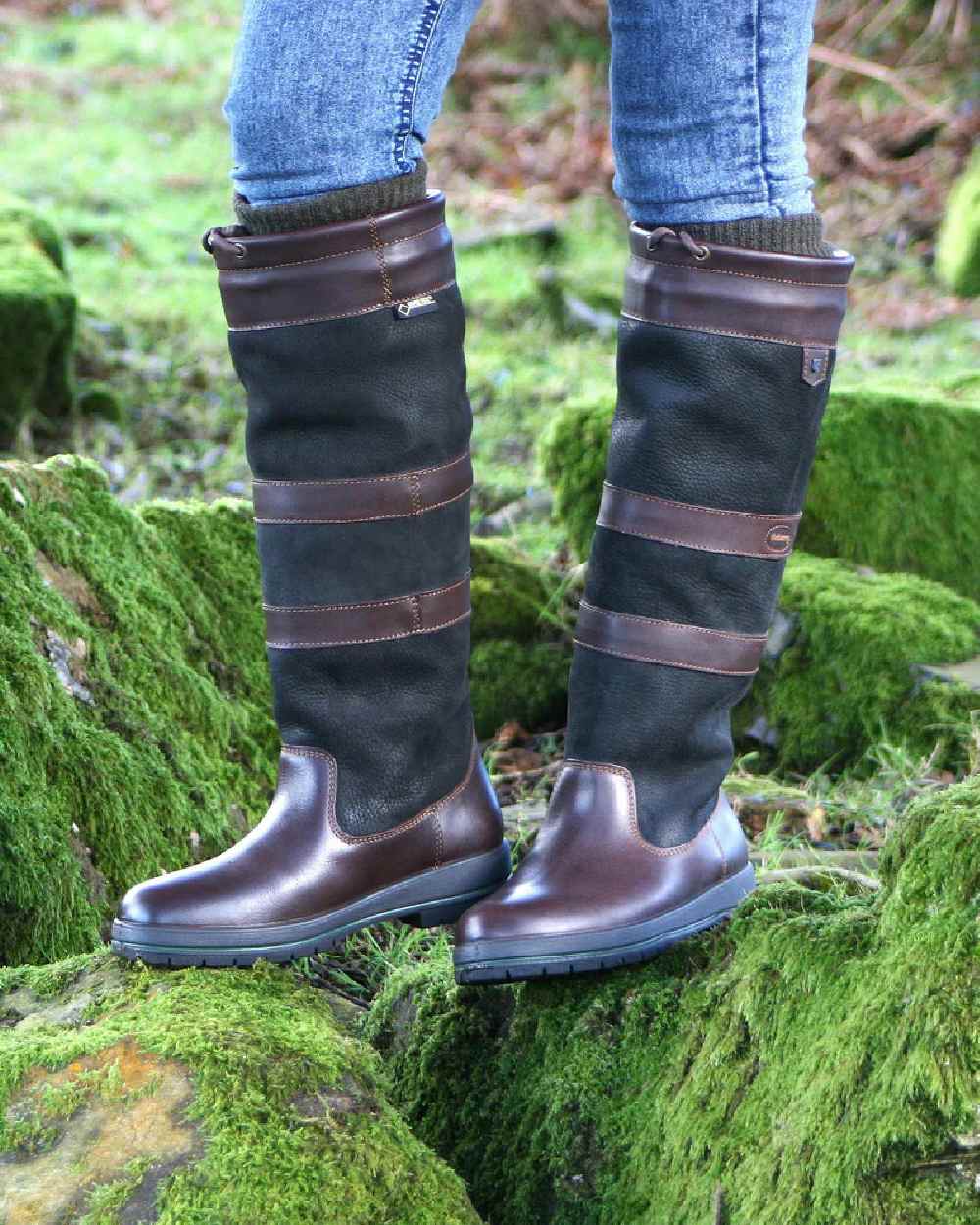 Black Brown coloured Dubarry Galway Country Boots on grass background