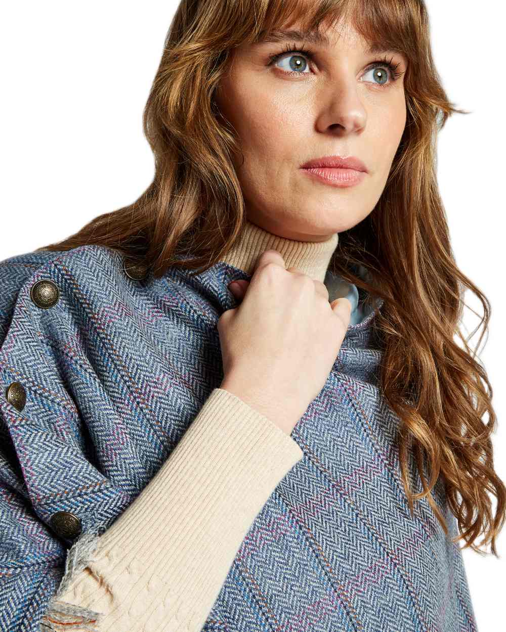 Denim Haze Coloured Dubarry Hazelwood Tweed Poncho on white background