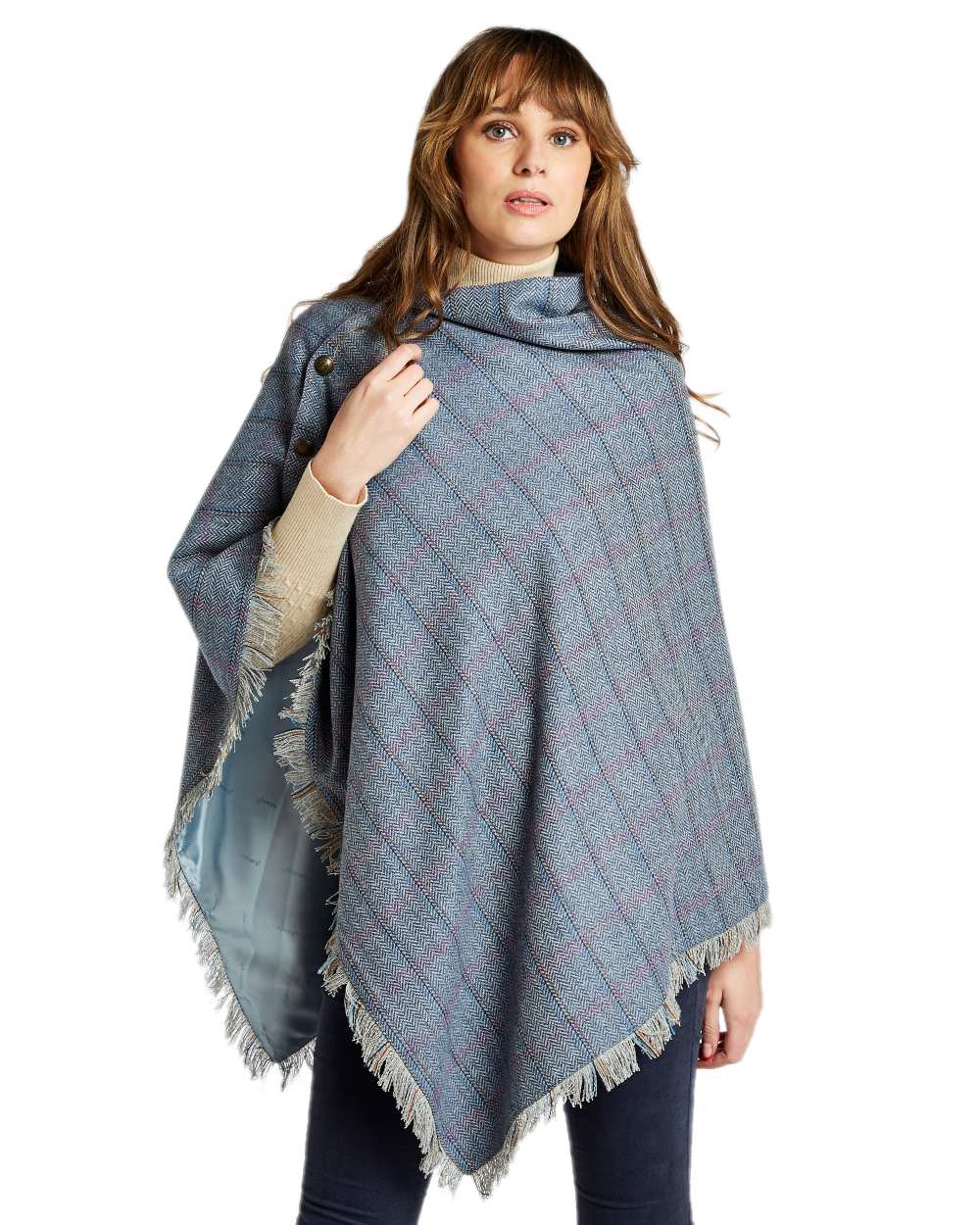 Denim Haze Coloured Dubarry Hazelwood Tweed Poncho on white background