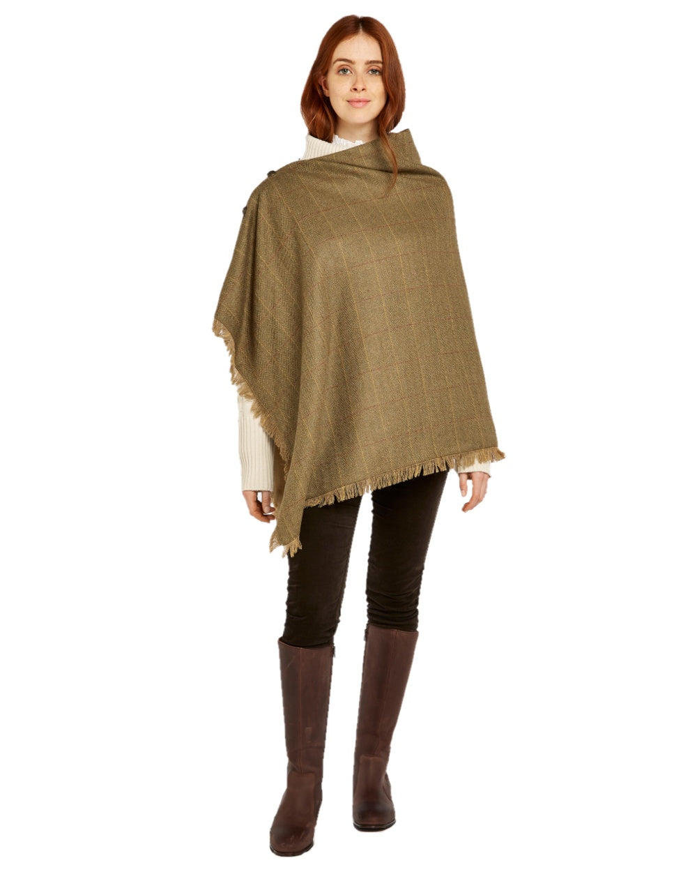 Elm Coloured Dubarry Hazelwood Tweed Poncho on white background