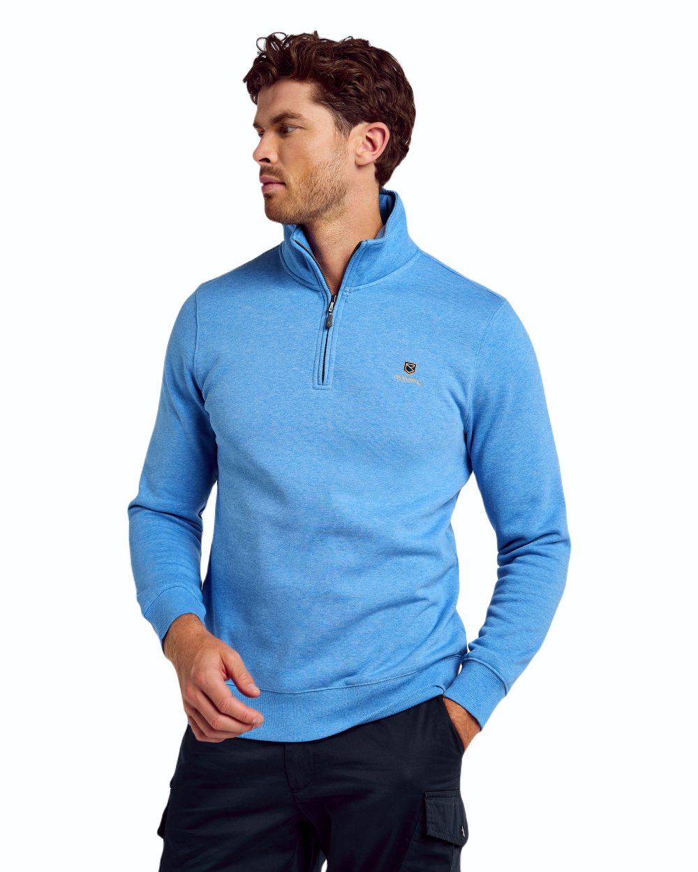 Azure Blue coloured Dubarry Mens Boyce Zip Neck Sweater on white background