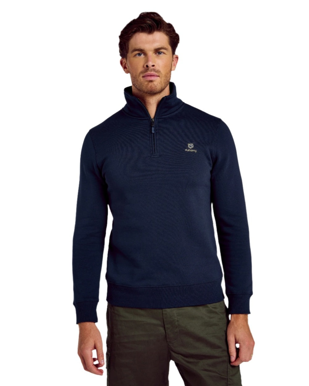 Navy coloured Dubarry Mens Boyce Zip Neck Sweater on white background