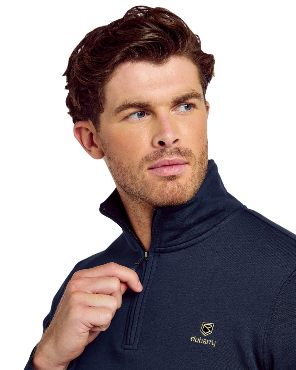 Navy coloured Dubarry Mens Boyce Zip Neck Sweater on white background