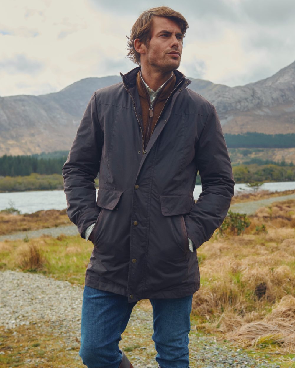 Java Coloured Dubarry Mens Chalkhill Wax Jacket on outdoor background