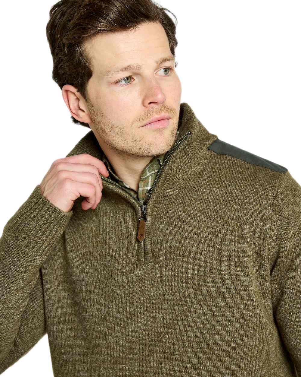 Dusky Green Coloured Dubarry Mens Doherty Zip Neck Sweater on white background
