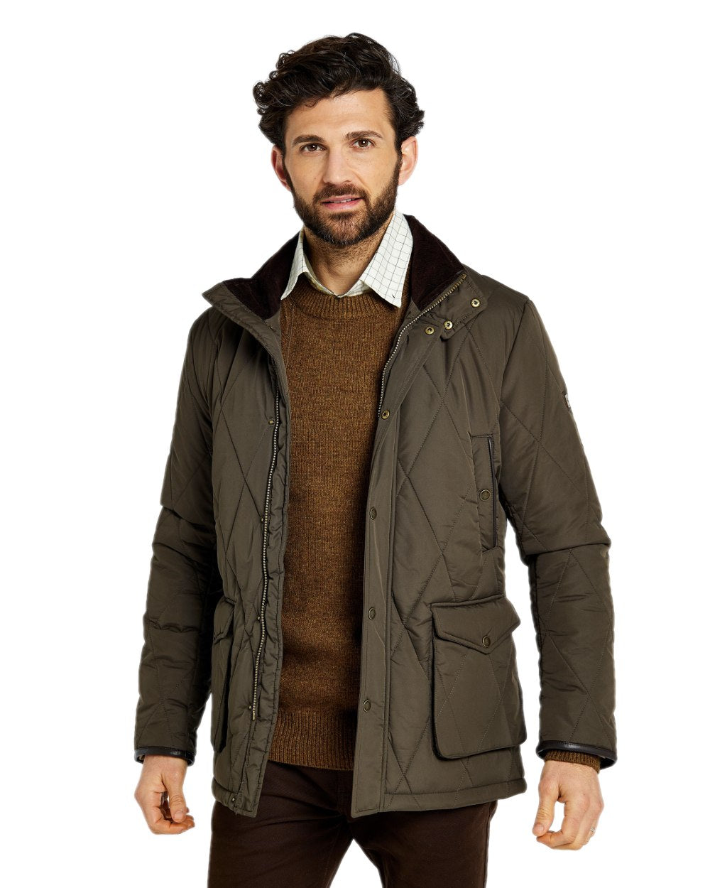 Olive Coloured Dubarry Mens Farmley Quilted Jacket on white background