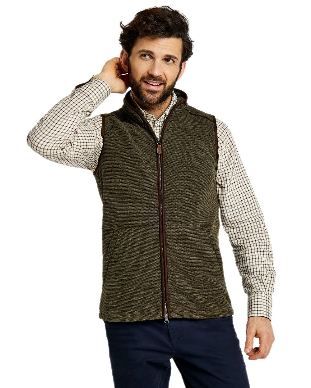 Olive Coloured Dubarry Mens Lifford Fleece Gilet on white background