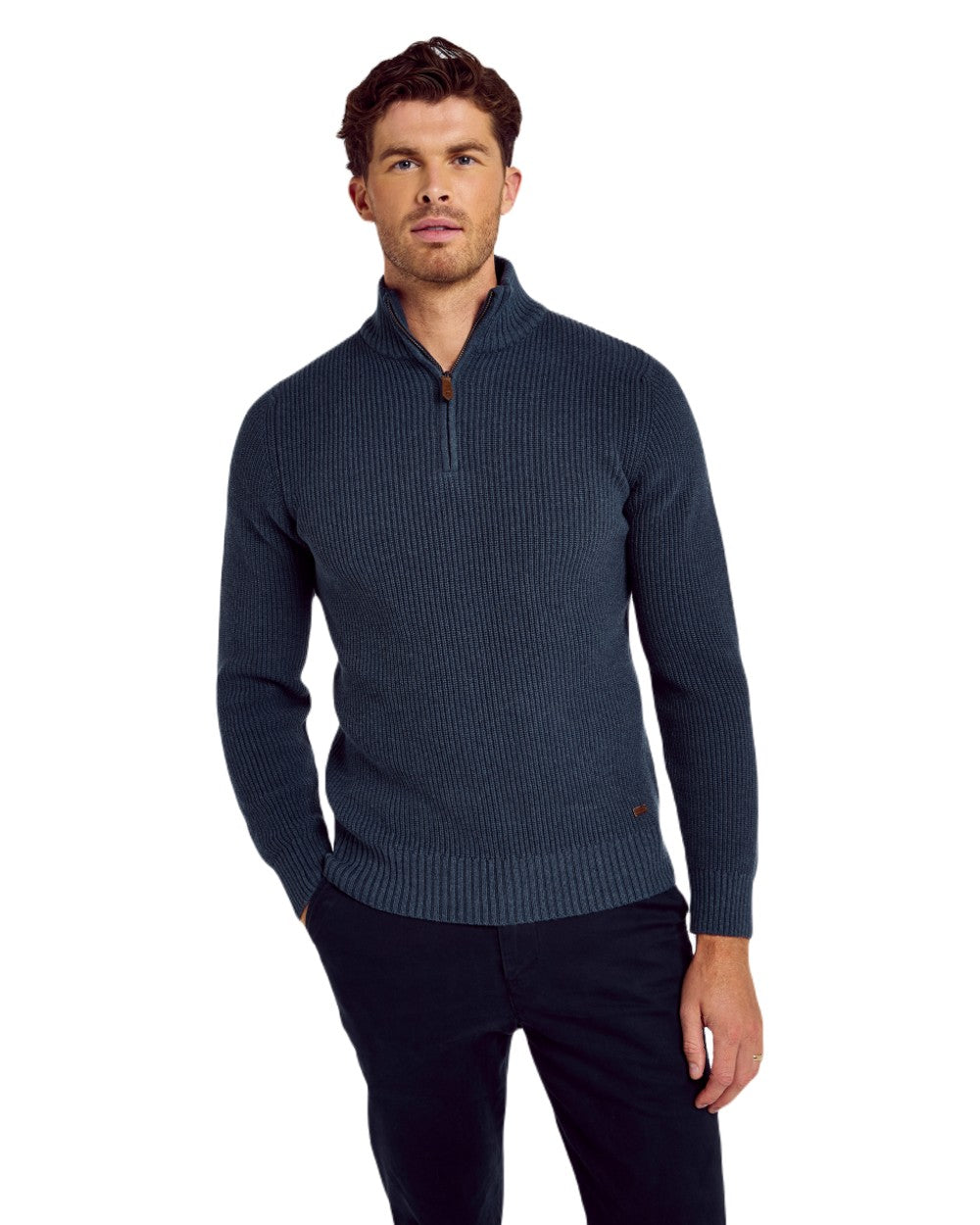 Denim coloured Dubarry Mens Portmarnock Fisherman Zip Neck Sweater on white background