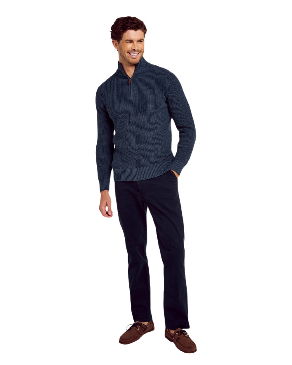 Denim coloured Dubarry Mens Portmarnock Fisherman Zip Neck Sweater on white background