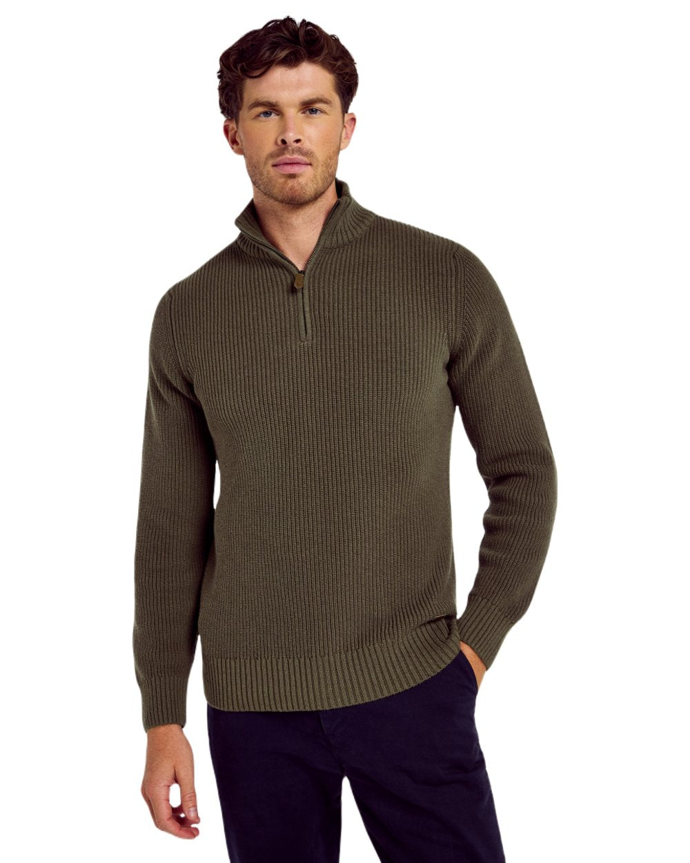 Kelp coloured Dubarry Mens Portmarnock Fisherman Zip Neck Sweater on white background