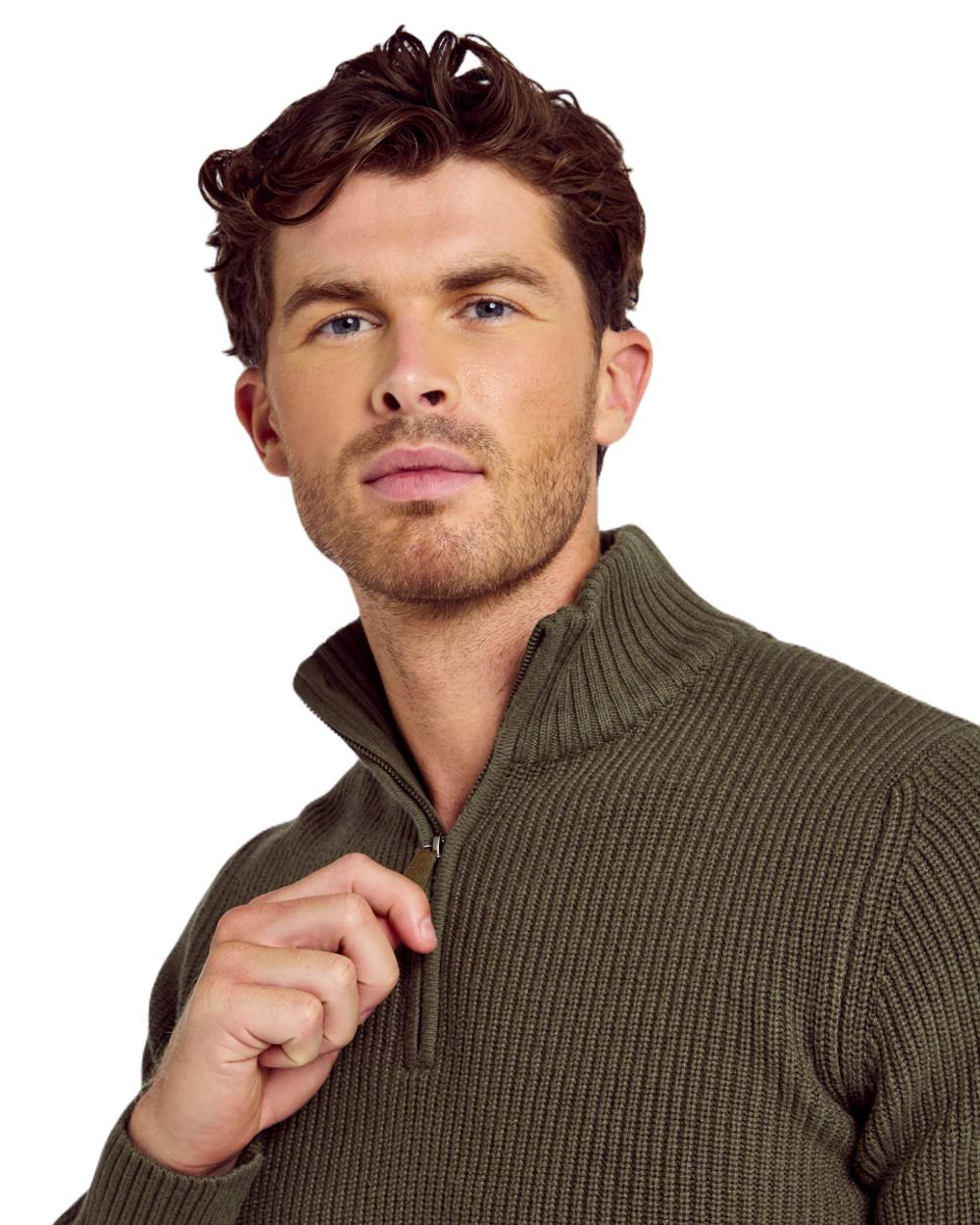 Kelp coloured Dubarry Mens Portmarnock Fisherman Zip Neck Sweater on white background