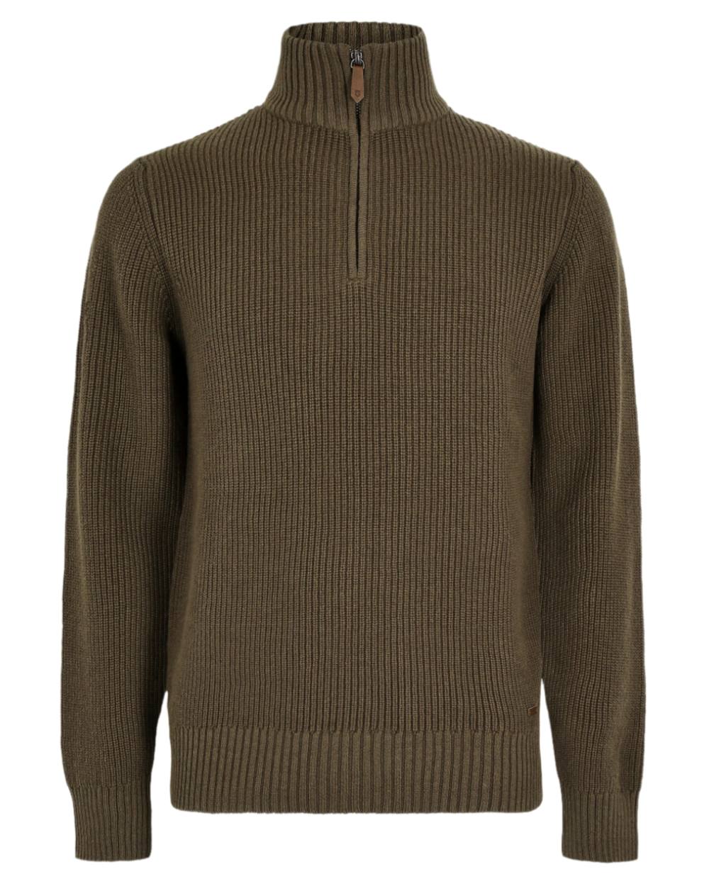 Kelp coloured Dubarry Mens Portmarnock Fisherman Zip Neck Sweater on white background
