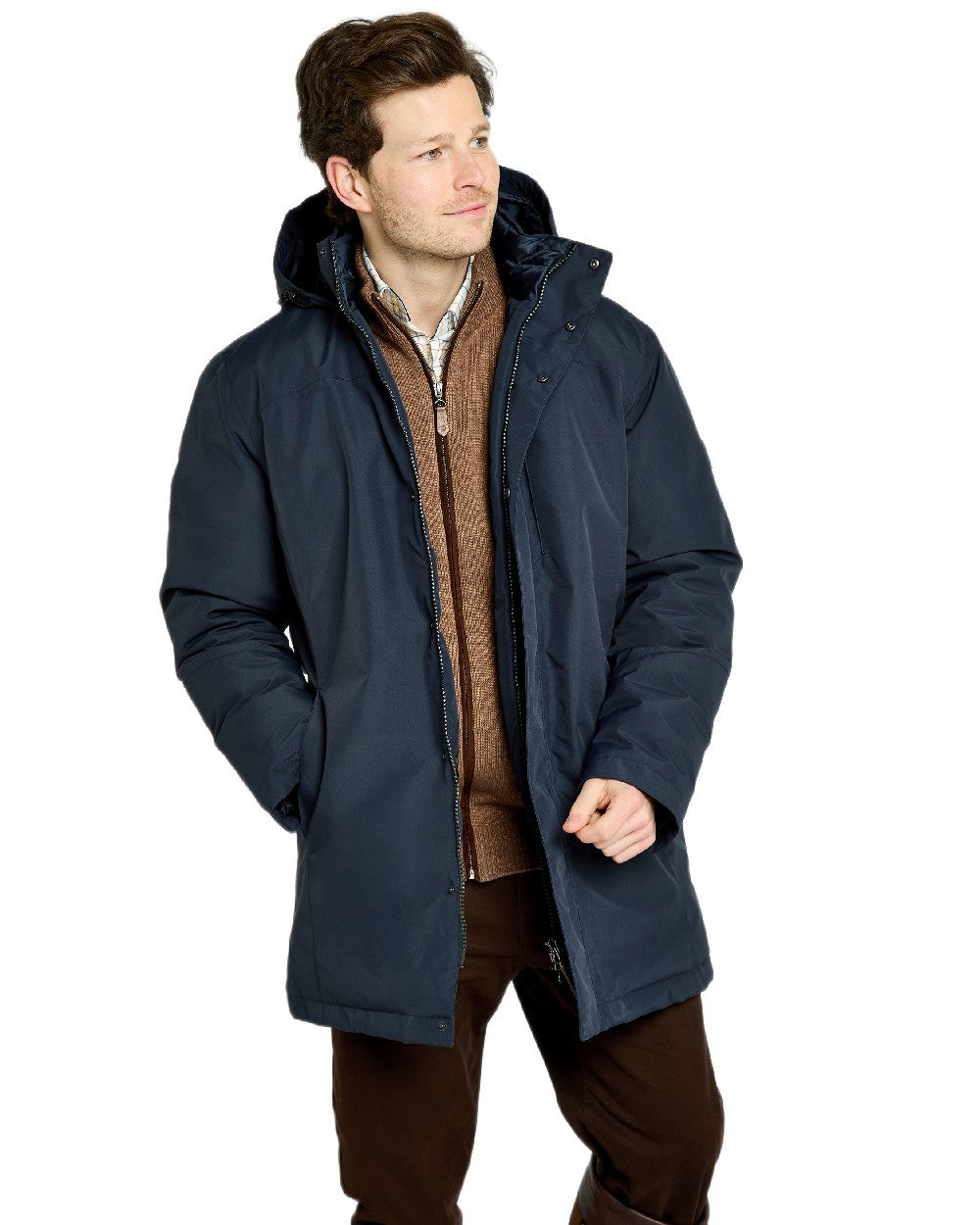 Navy Coloured Dubarry Mens Swiftsheath Waterproof Hooded Down Parka on outdoor background
