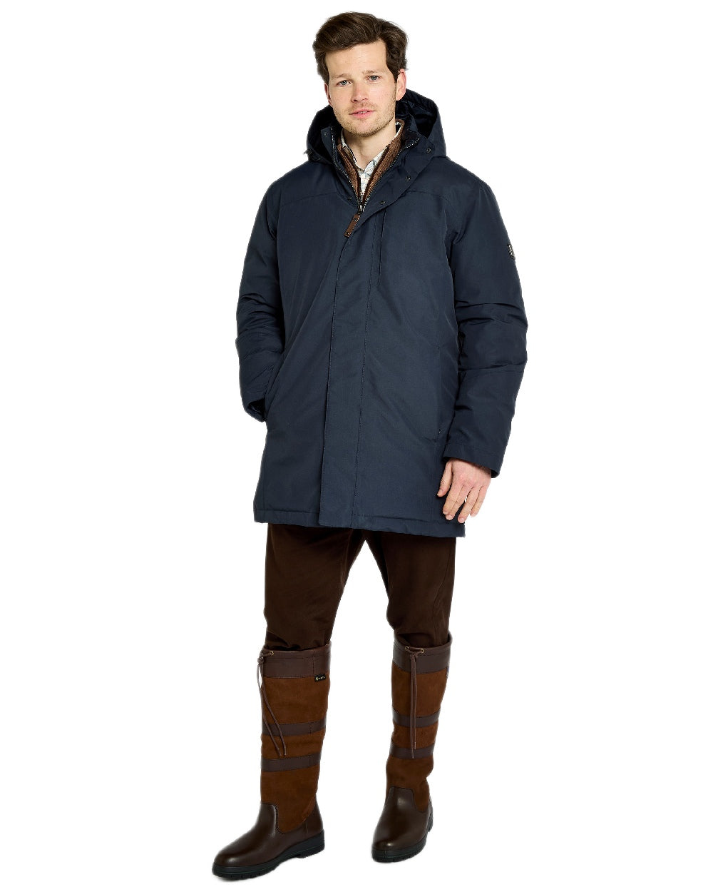 Navy Coloured Dubarry Mens Swiftsheath Waterproof Hooded Down Parka on outdoor background
