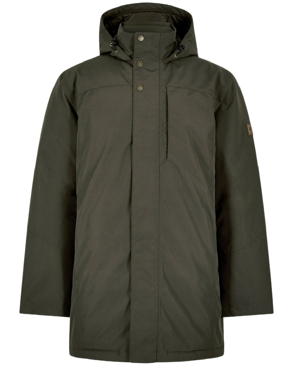 Olive Coloured Dubarry Mens Swiftsheath Waterproof Hooded Down Parka on outdoor background