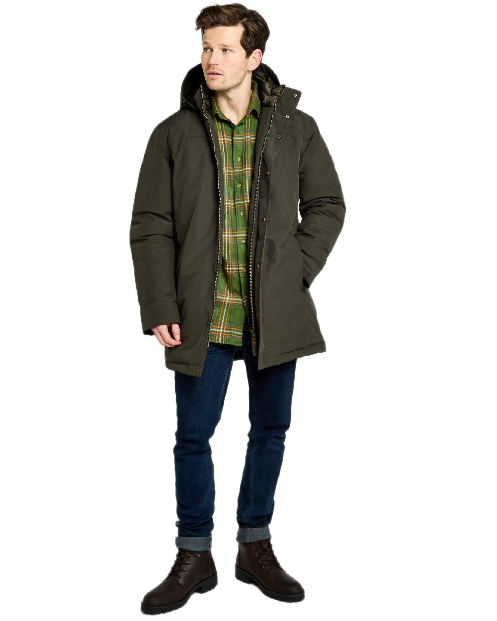 Olive Coloured Dubarry Mens Swiftsheath Waterproof Hooded Down Parka on outdoor background