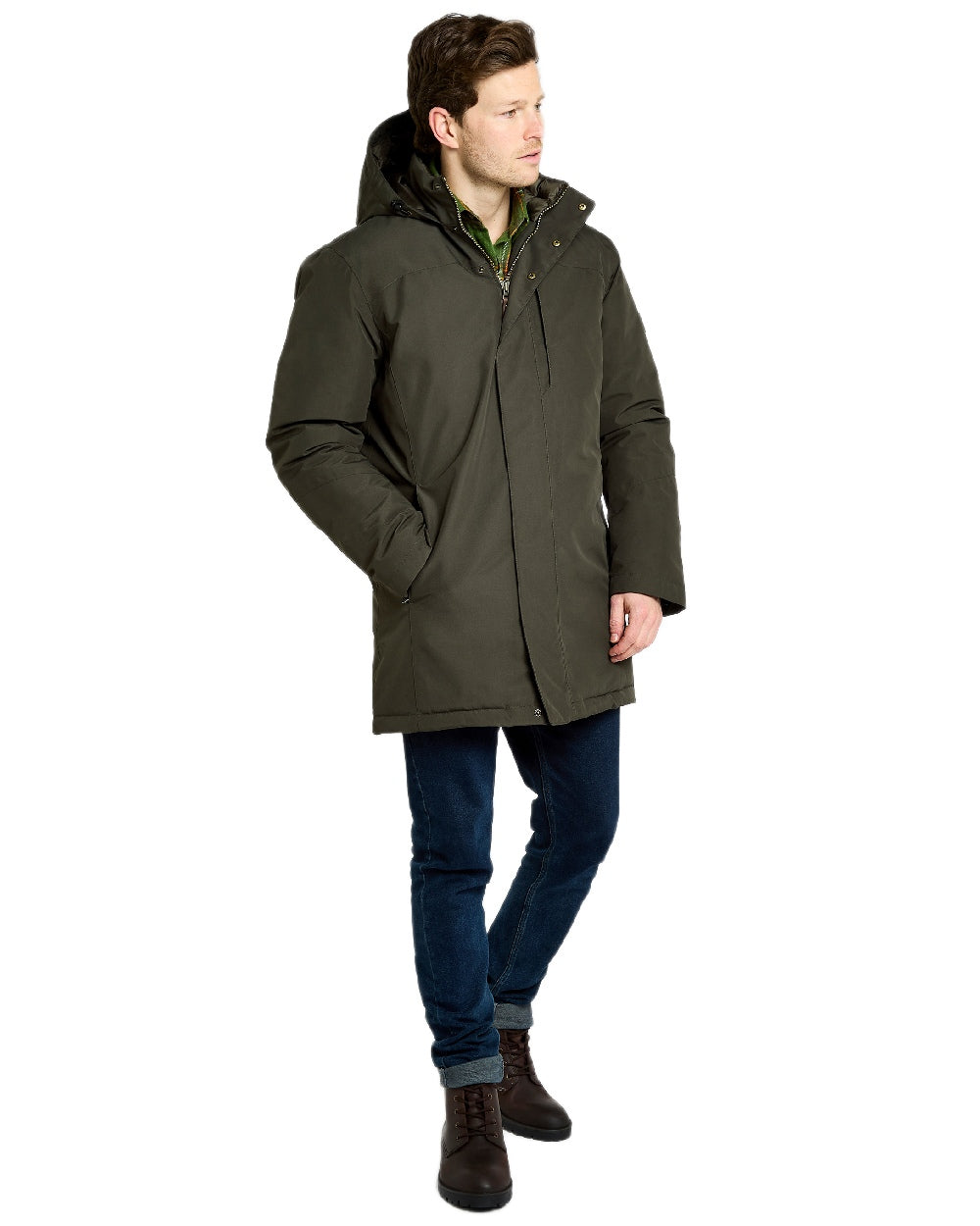 Olive Coloured Dubarry Mens Swiftsheath Waterproof Hooded Down Parka on outdoor background
