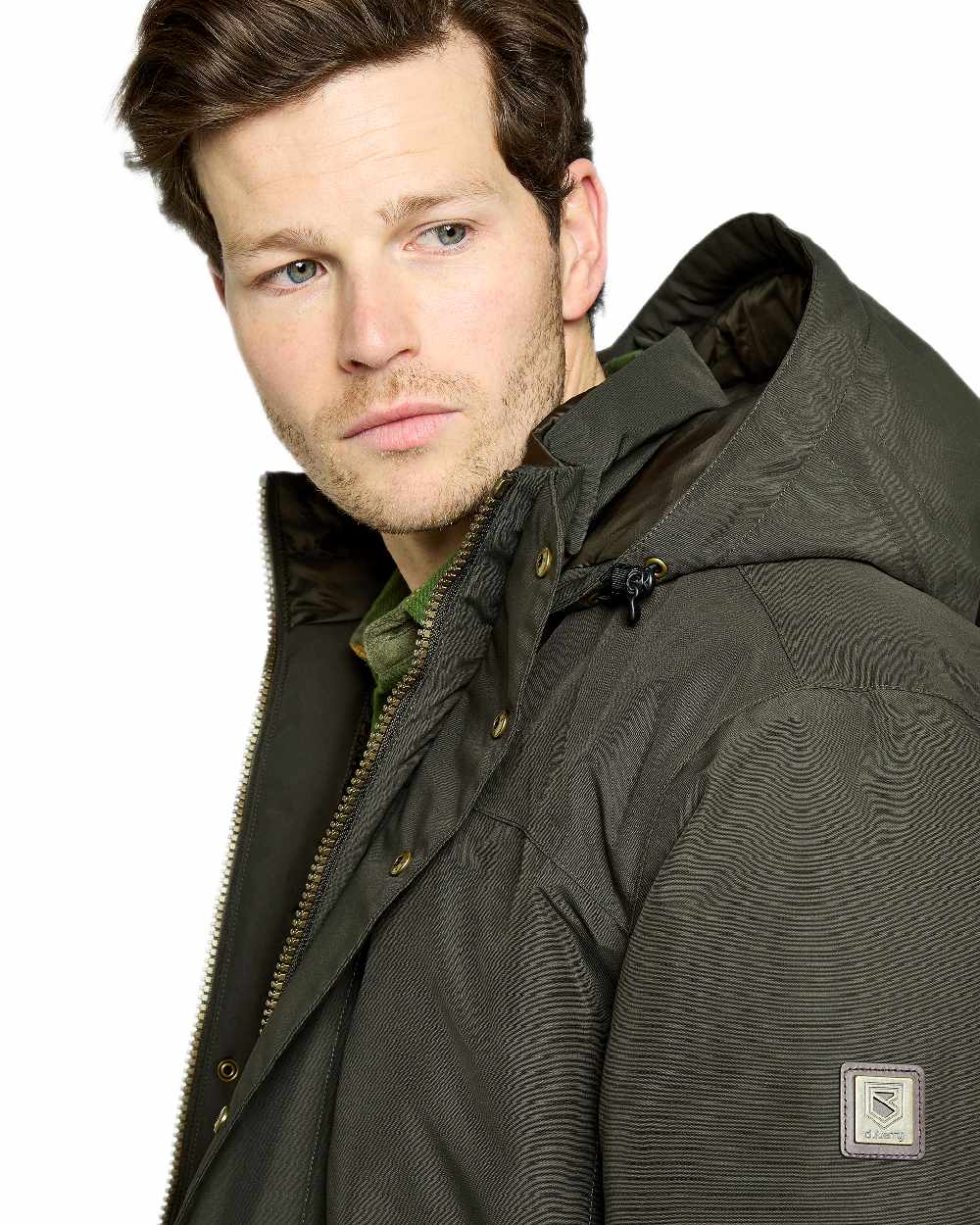 Olive Coloured Dubarry Mens Swiftsheath Waterproof Hooded Down Parka on outdoor background