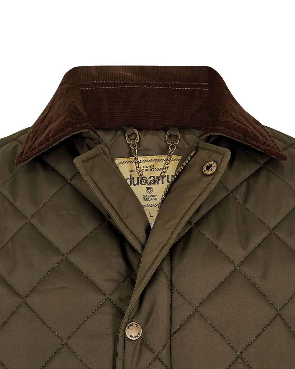 Olive coloured Dubarry Mountusher Quilted Jacket on white background
