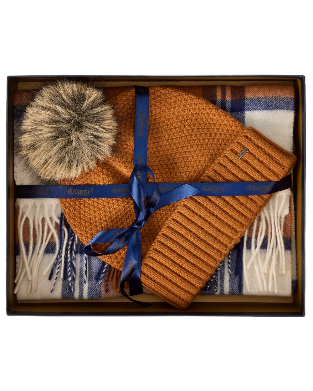 Ochre coloured Dubarry Newbawn Hat And Scarf Gift Set on white background