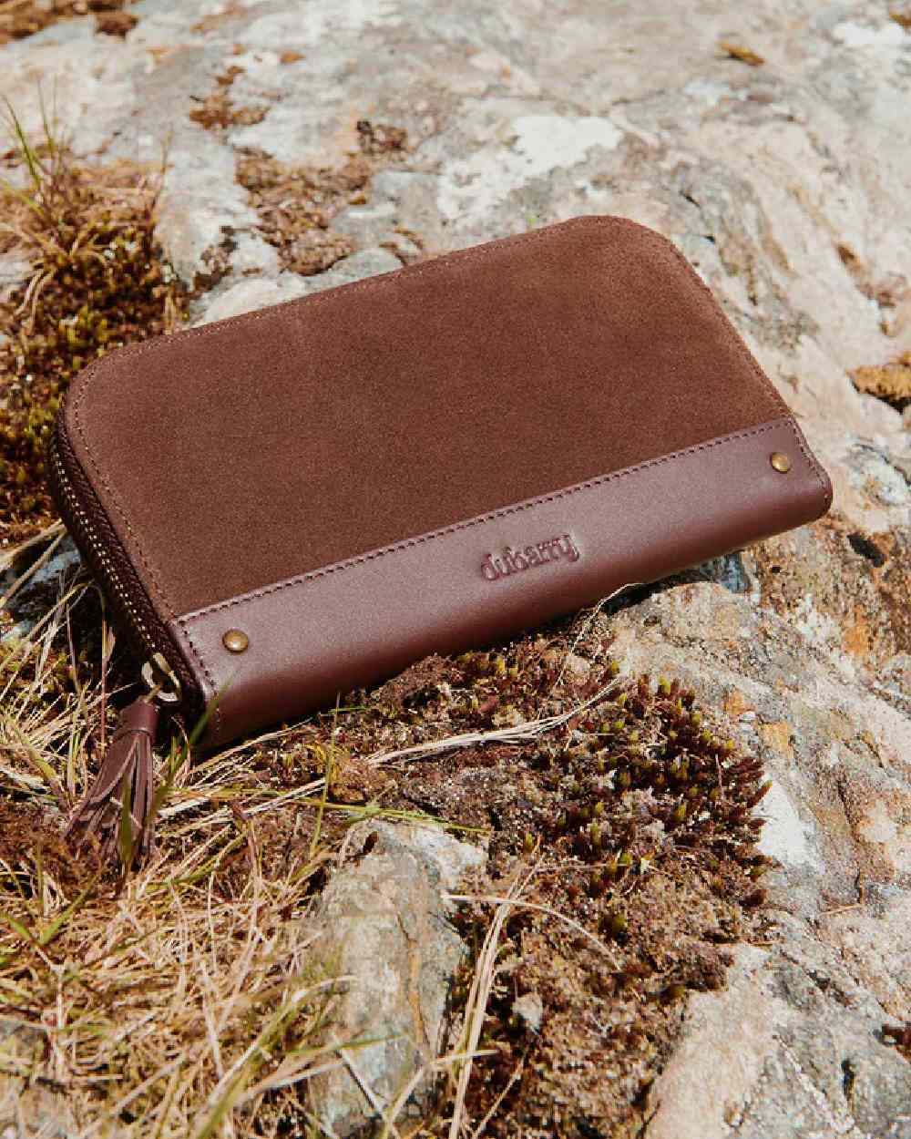 Cigar coloured Dubarry Northbrook Suede Purse on rock background