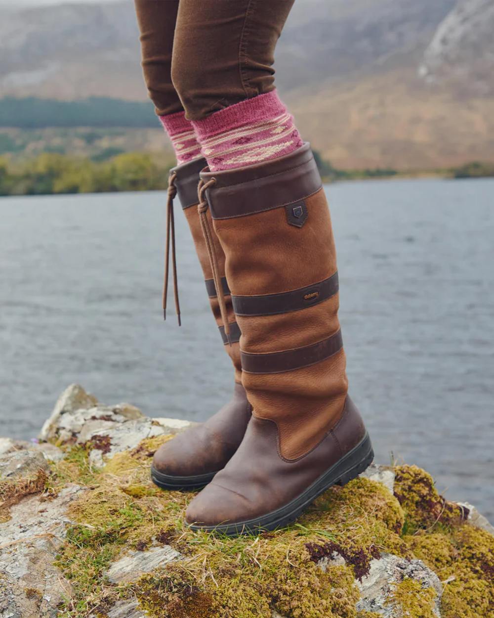 Clover coloured Dubarry Rolestown Fair Isle Alpaca Socks on lake background